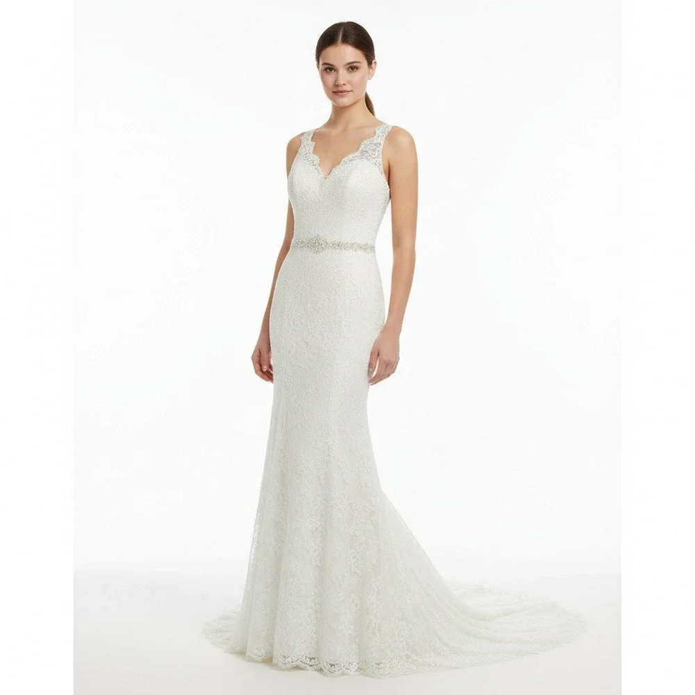 Elegant Lace Wedding Dress V Neck Beaded Sash Trumpet‎ Silhouette sz 4-6